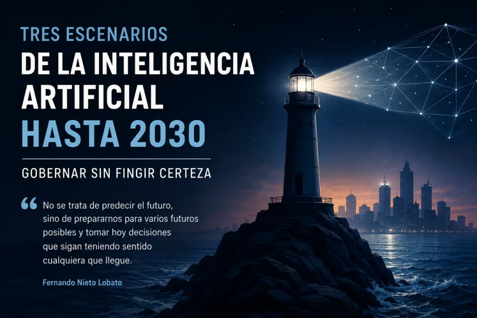 Faro que ilumina una red digital: tres escenarios de la inteligencia artificial hasta 2030