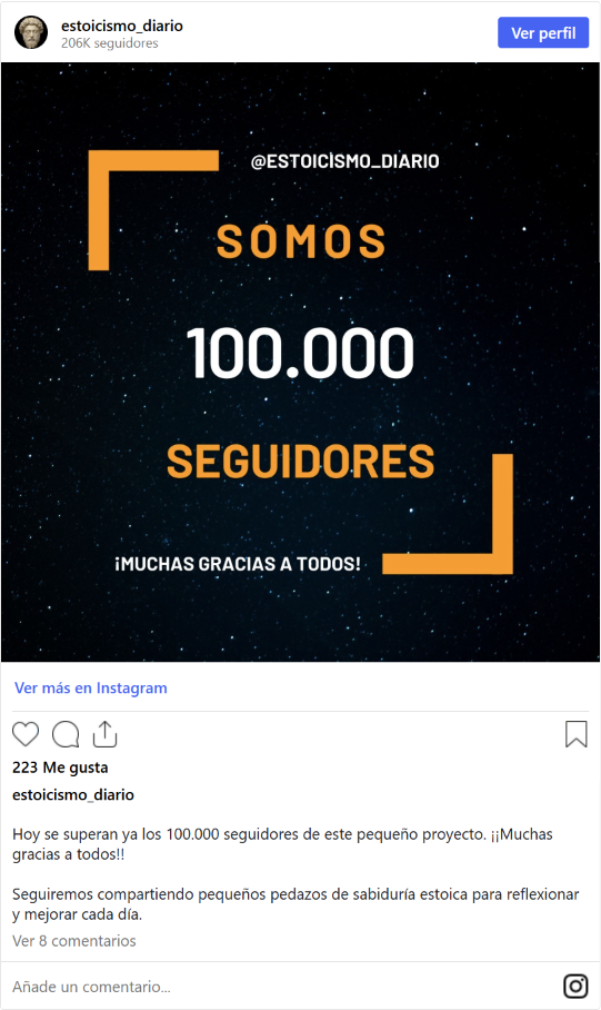 Publicación de @estoicismo_diario celebrando los 100.000 seguidores.