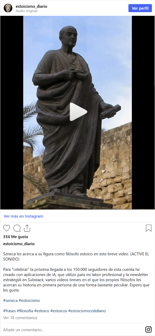 Fotograma del vídeo de @estoicismo_diario sobre Séneca, con una estatua del filósofo.