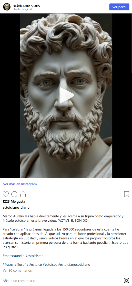 Fotograma del vídeo de @estoicismo_diario sobre Marco Aurelio, con un busto del emperador y filósofo estoico.