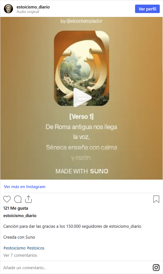 Fotograma de la canción creada con Suno para agradecer los 150.000 seguidores de @estoicismo_diario.